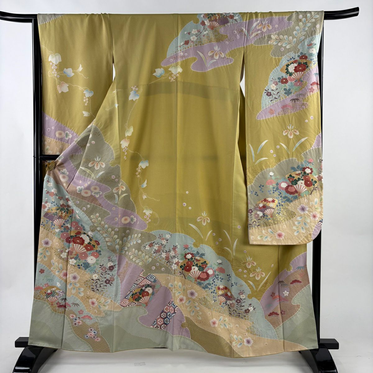 振袖 身丈163cm 裄丈66cm M 袷 糸巻き 菊 金糸 金彩 からし色 正絹 秀