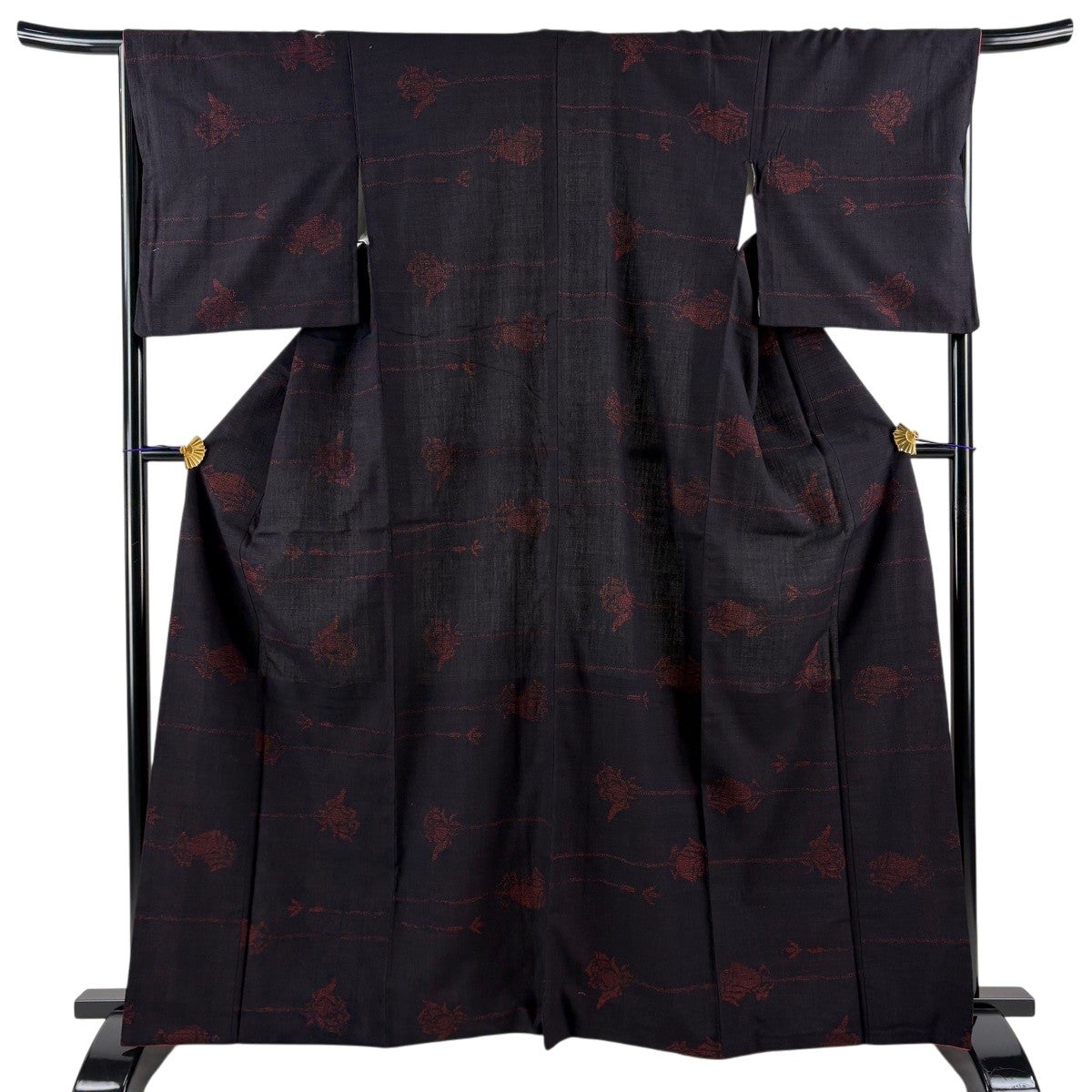紬 身丈164.5cm 裄丈66cm M 袷 薔薇 亀甲絣 茶紫 正絹 秀品｜中古