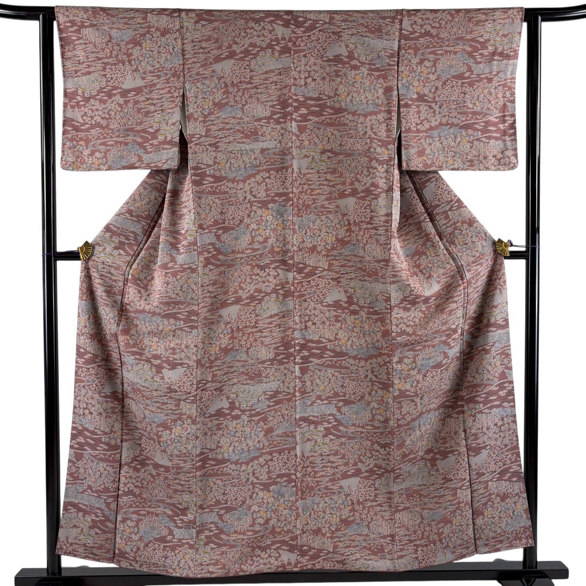 美品】 小紋 身丈155cm 裄丈62cm S 袷 家屋 松竹梅 小豆色 正絹 秀品