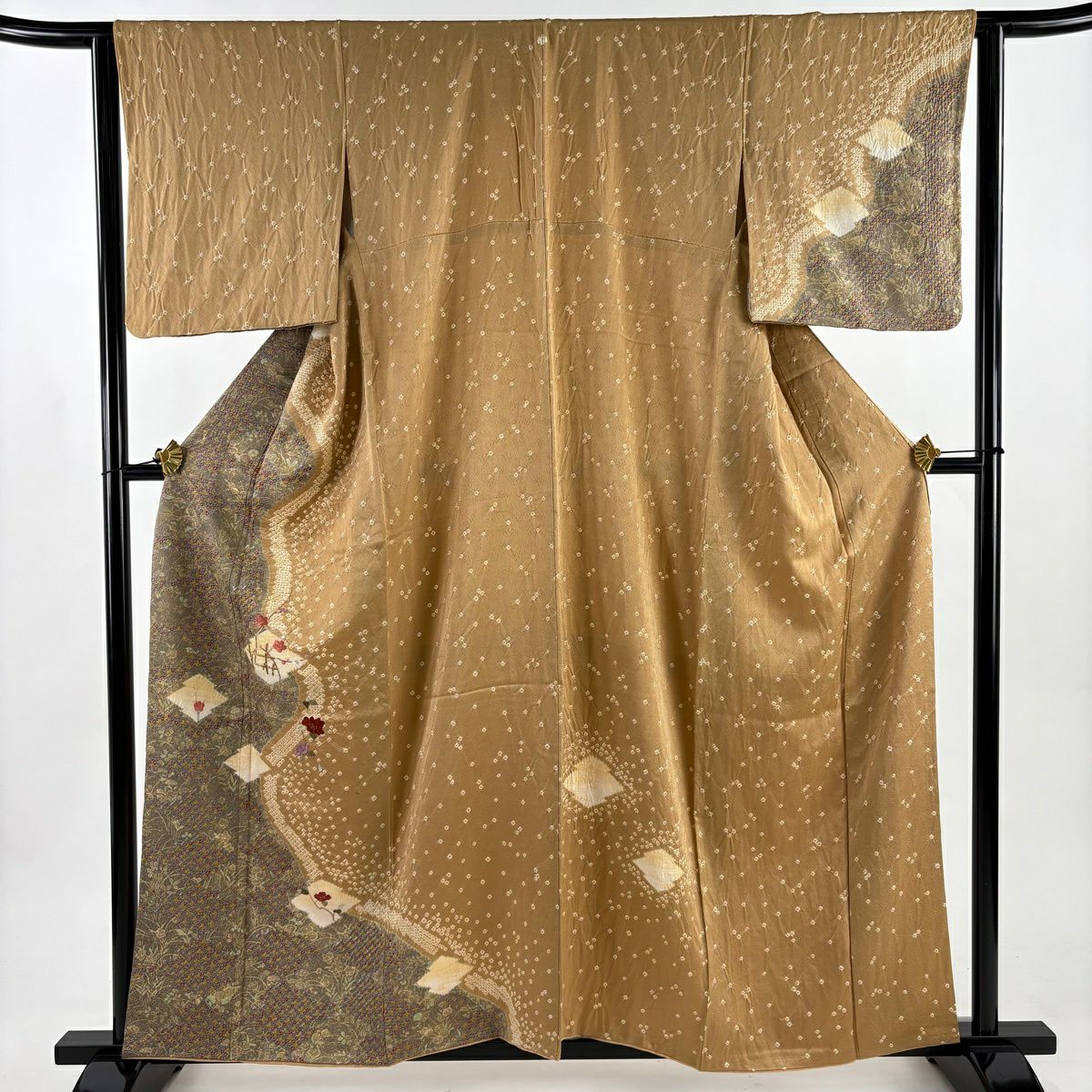 30%OFF 訪問着 身丈165cm 裄丈68.5cm L 袷 草花 幾何学 絞り 金彩 茶色