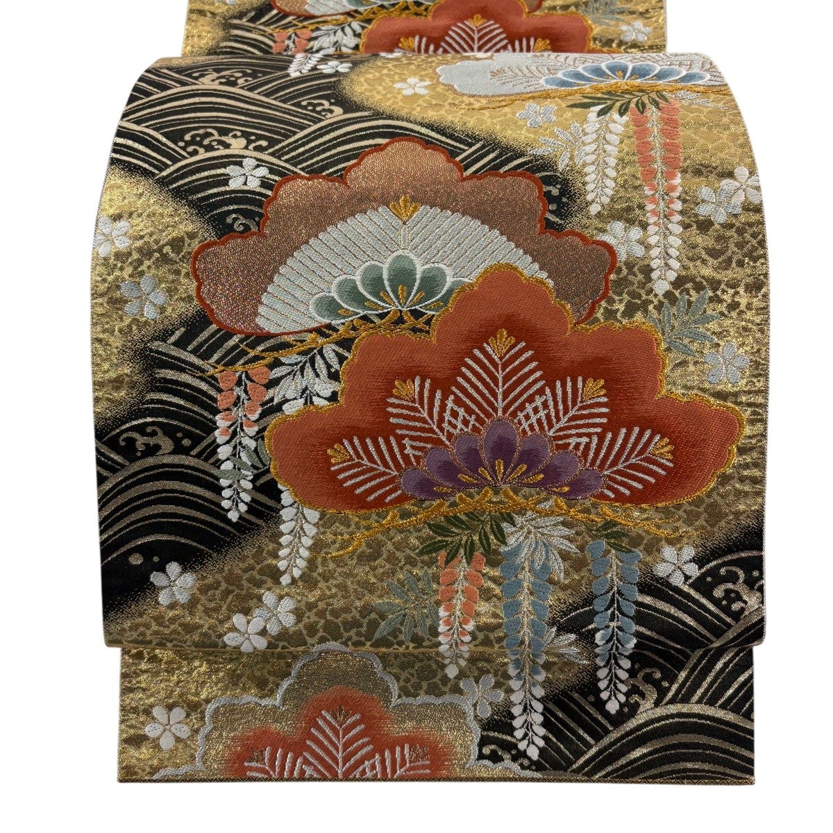 逸品 袋帯 草花 箔 六通 落款あり 黒 美品 鳥 金糸 正絹｜中古・古着 