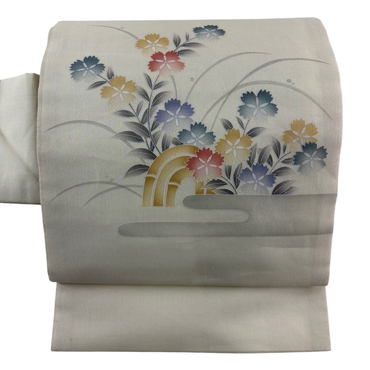 名古屋帯 優品 落款あり 髭紬地 ポピー クリーム 正絹｜中古・古着