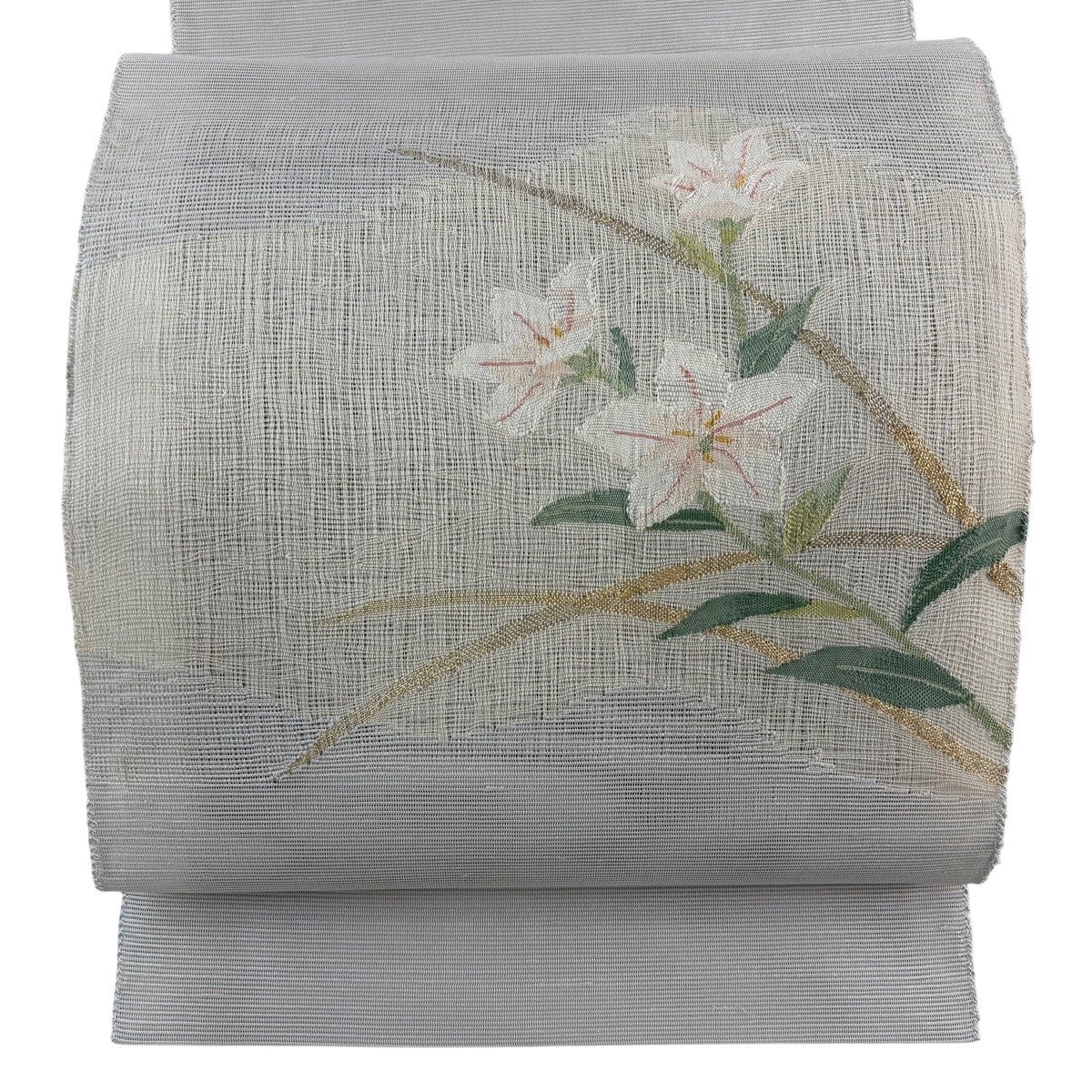 名古屋帯 秀品 夏帯 絽 八寸名古屋帯 草花 金糸 ベージュ 正絹｜中古