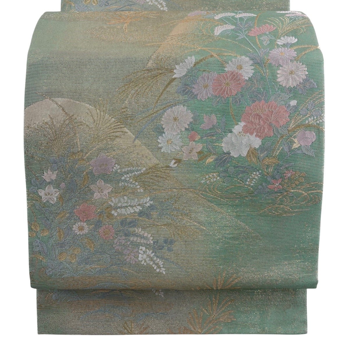 袋帯 秀品 証紙あり 夏帯 絽 雪輪 露芝 金銀糸 灰緑 六通 正絹｜中古