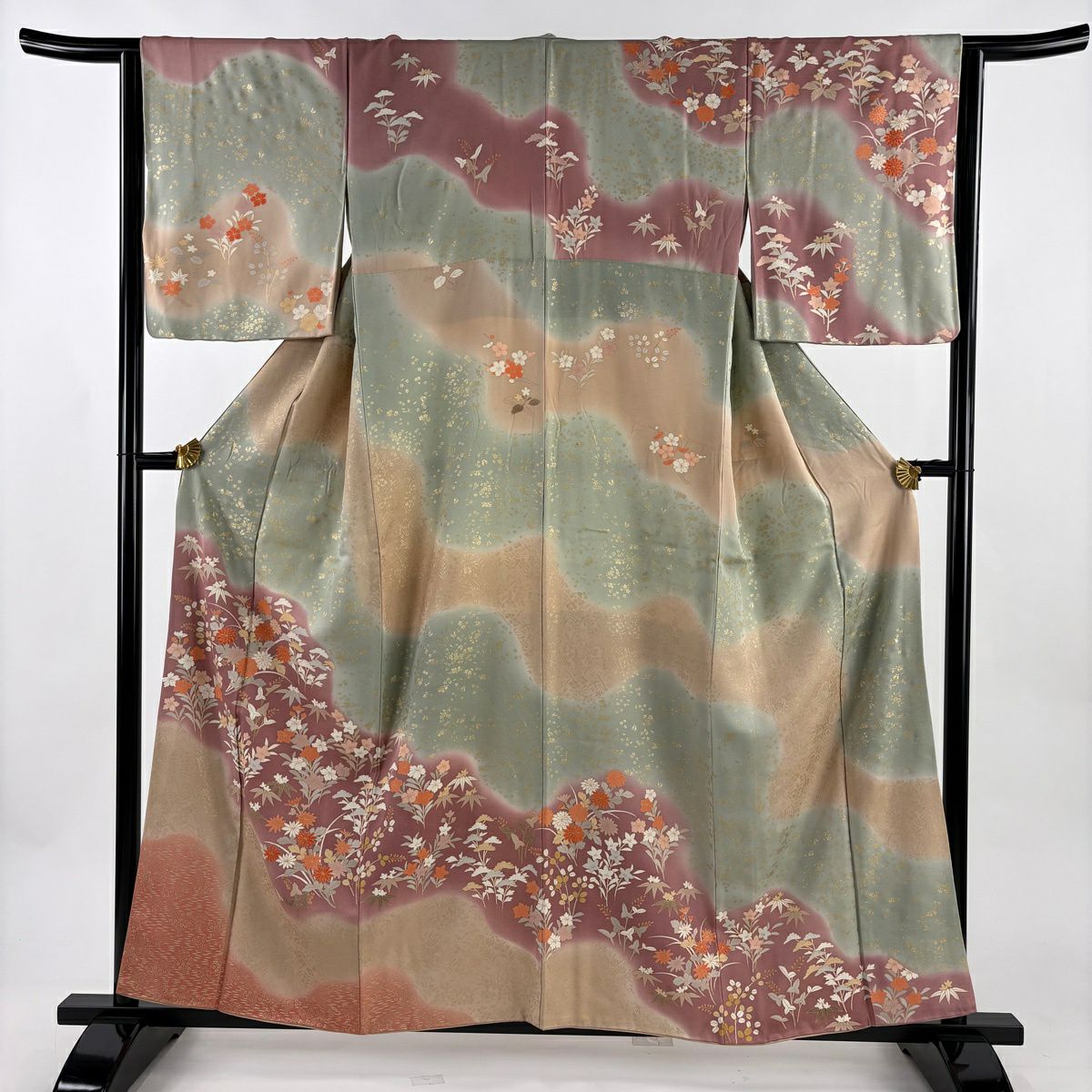 在庫一掃】 訪問着 身丈161cm 裄丈68cm L 袷 秋草 霞 金彩 ぼかし 赤茶