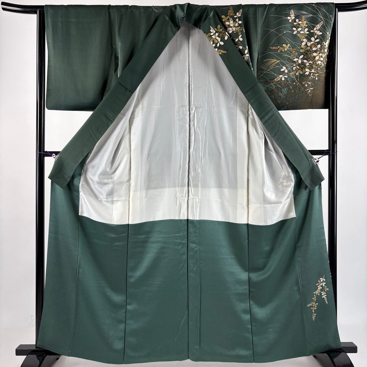 訪問着 身丈160cm 裄丈65cm M 袷 萩 芝 金彩 染め分け 緑 正絹 秀品