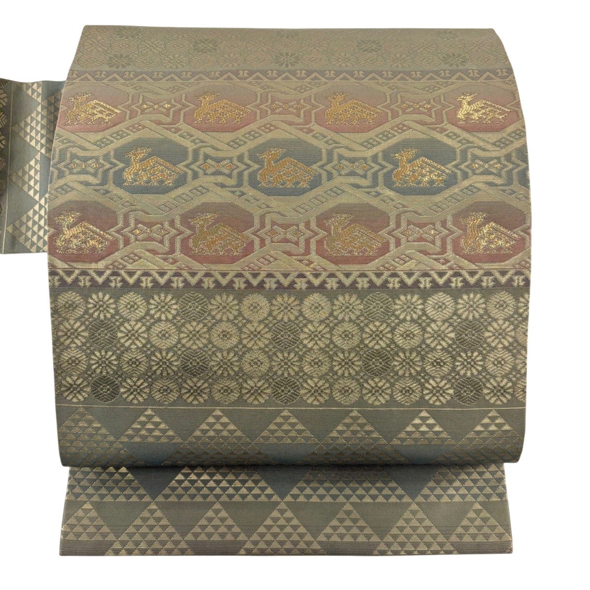 美品】 名古屋帯 優品 有栖川鹿文 菊 箔 茶緑色 正絹｜中古・古着