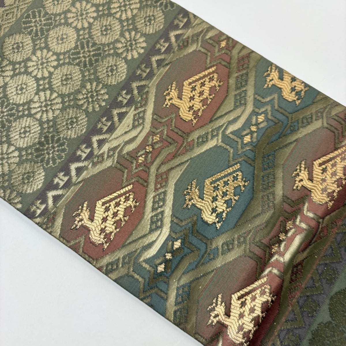 美品】 名古屋帯 優品 有栖川鹿文 菊 箔 茶緑色 正絹｜中古・古着