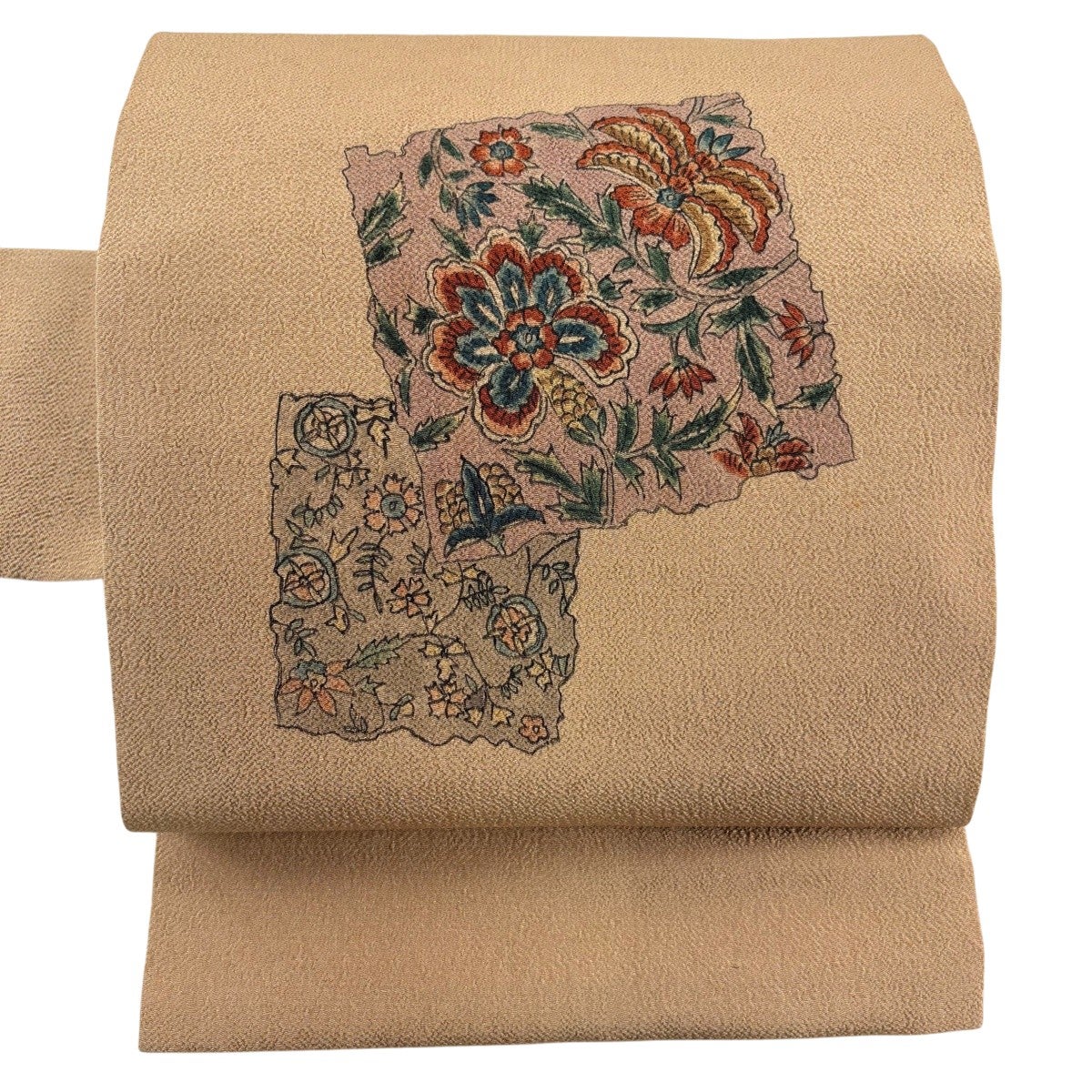 美品】 名古屋帯 優品 破れ色紙 草花 縮緬 茶色 正絹｜中古・古着