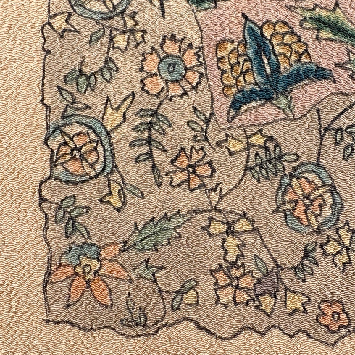 美品】 名古屋帯 優品 破れ色紙 草花 縮緬 茶色 正絹｜中古・古着