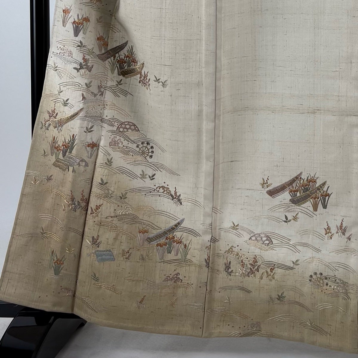 美品】訪問着 身丈161cm 裄丈67.5cm L 単衣 生つむぎ 舟 波 刺繍 金糸