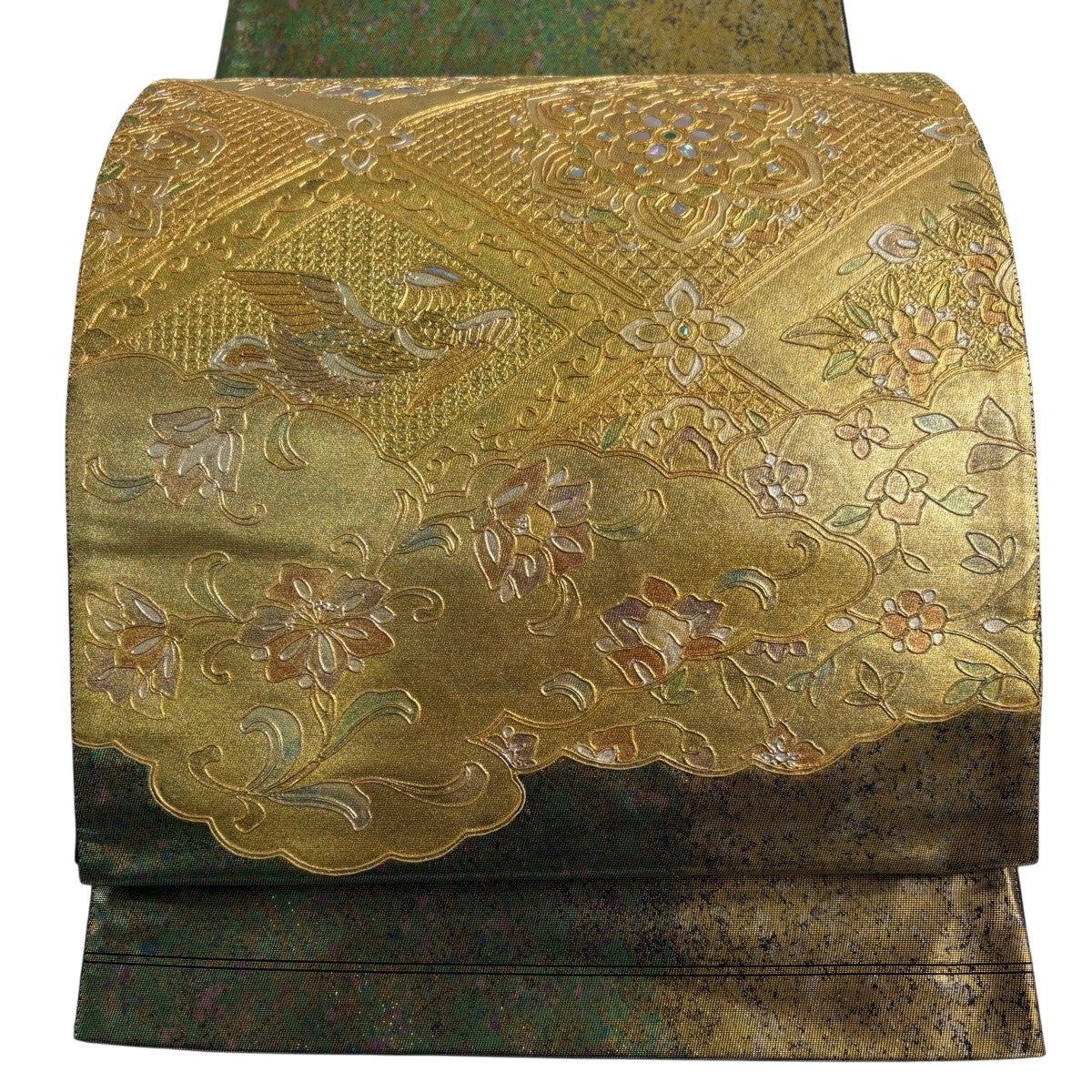 袋帯 名品 関西仕立て 華文 花喰鳥 螺鈿 箔 金色 お太鼓柄 正絹｜中古