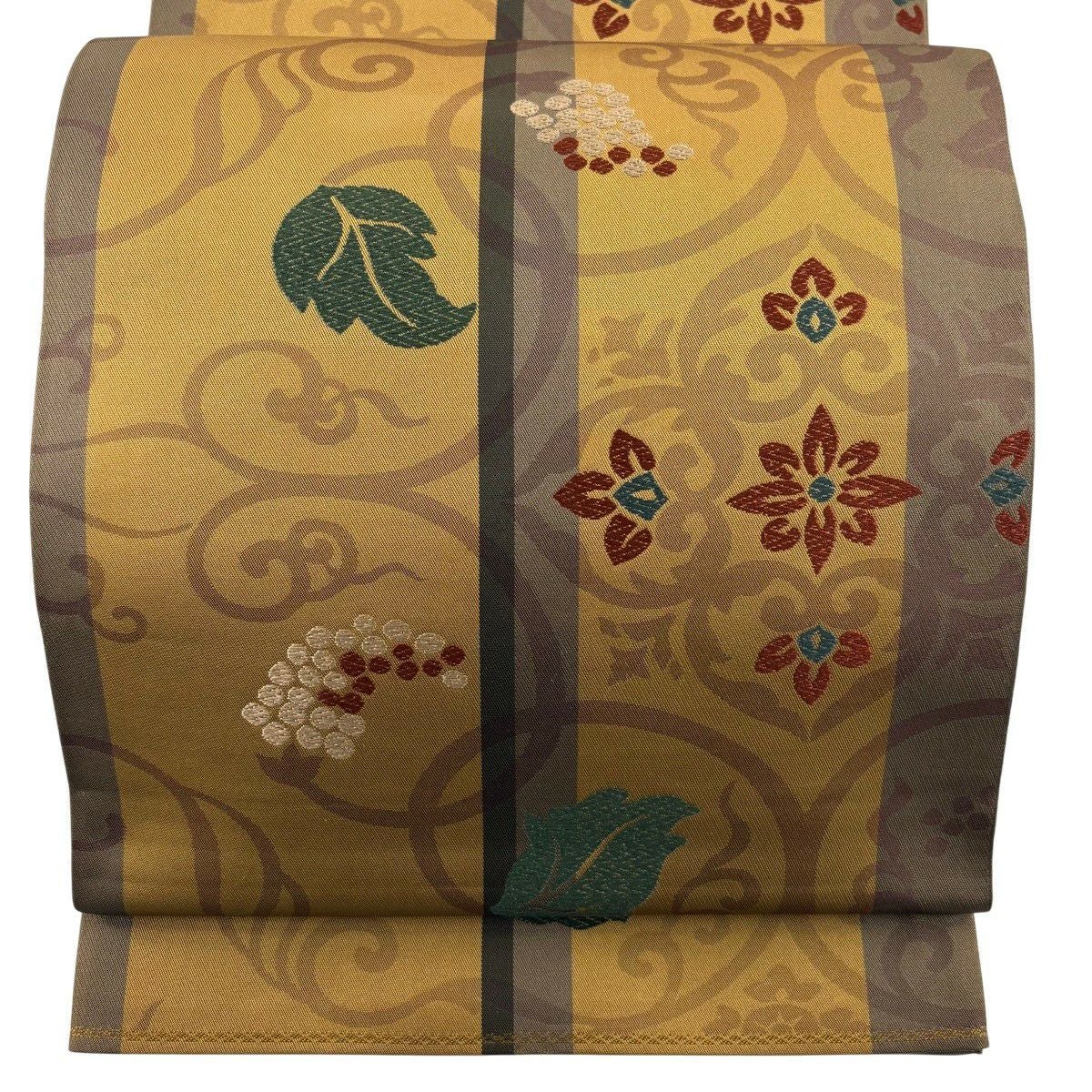 美品】 袋帯 秀品 花唐草 葡萄唐草 切嵌 箔 茶緑色 お太鼓柄 正絹