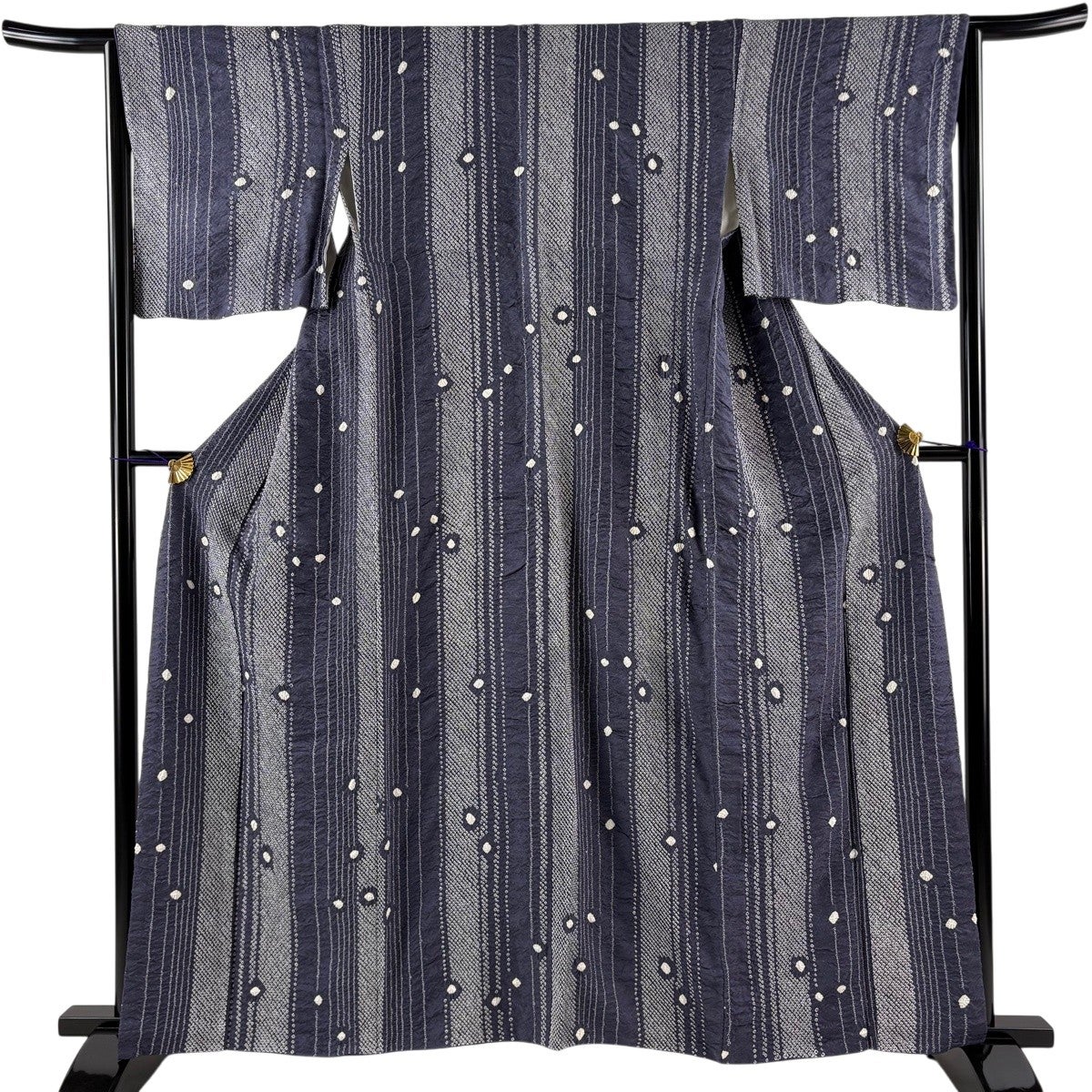 美品】 お召 身丈153cm 裄丈63cm S 袷 縞 幾何学模様 紫 正絹 逸品