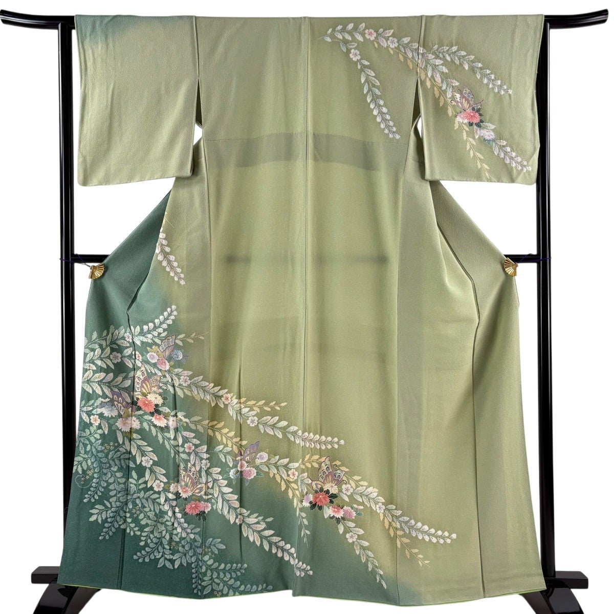 超美品　正絹　訪問着　現代　着物　160裄66 ベージュ　ピンク　水色　黄緑　金 訪問着 身丈165.5cm 裄丈65cm M 袷 華文 霞 刺繍 金糸 ピンクベージュ