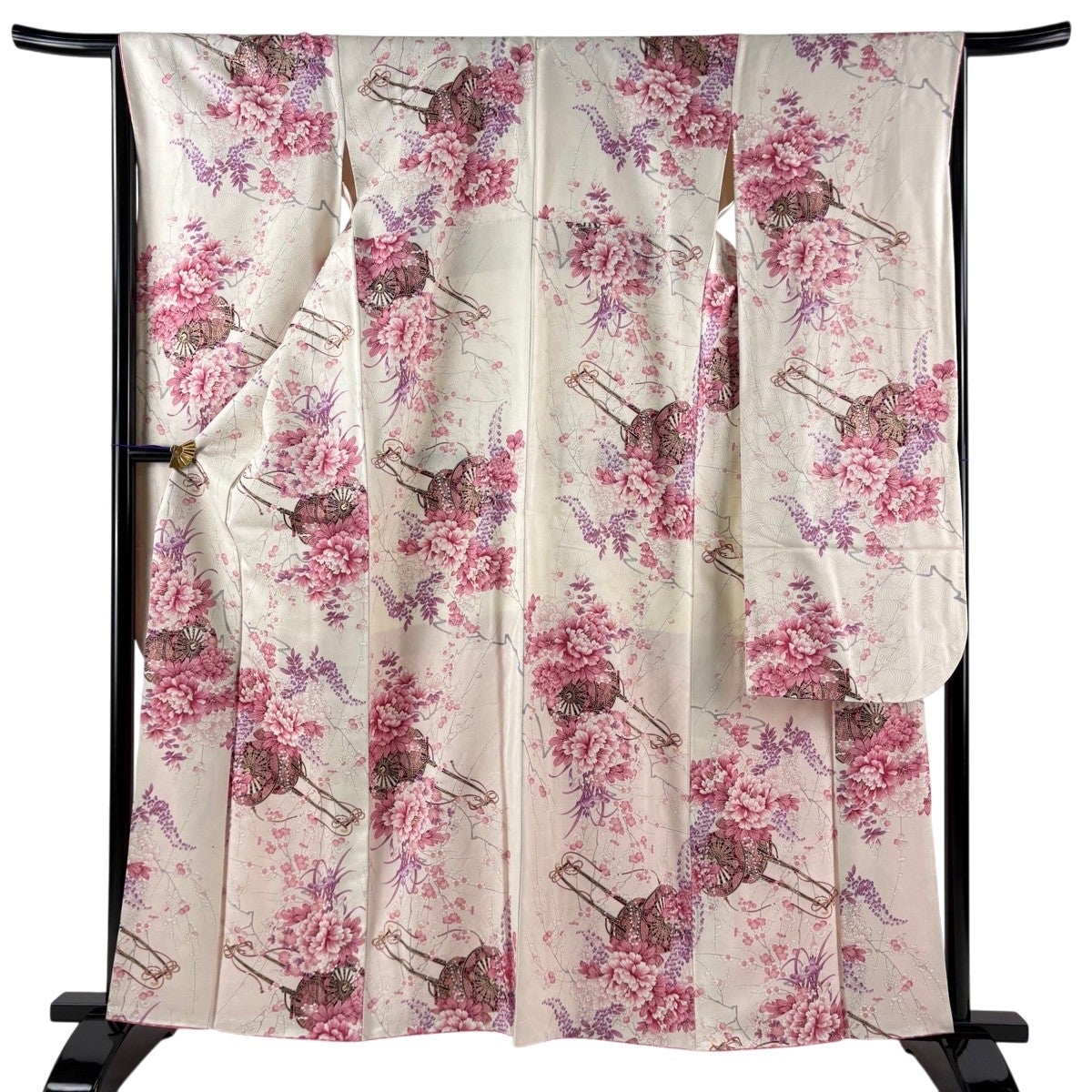 美品】 振袖 身丈162cm 裄丈64.5cm M 袷 やまと 花車 牡丹 銀通し 金彩