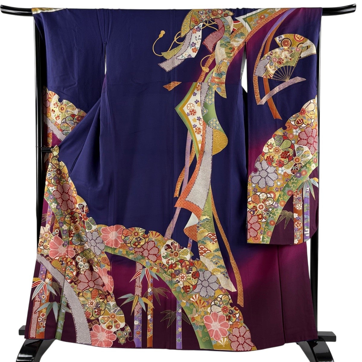 振袖 身丈163cm 裄丈67.5cm L 袷 菊 竹 金彩 ぼかし 青紫 正絹 秀品