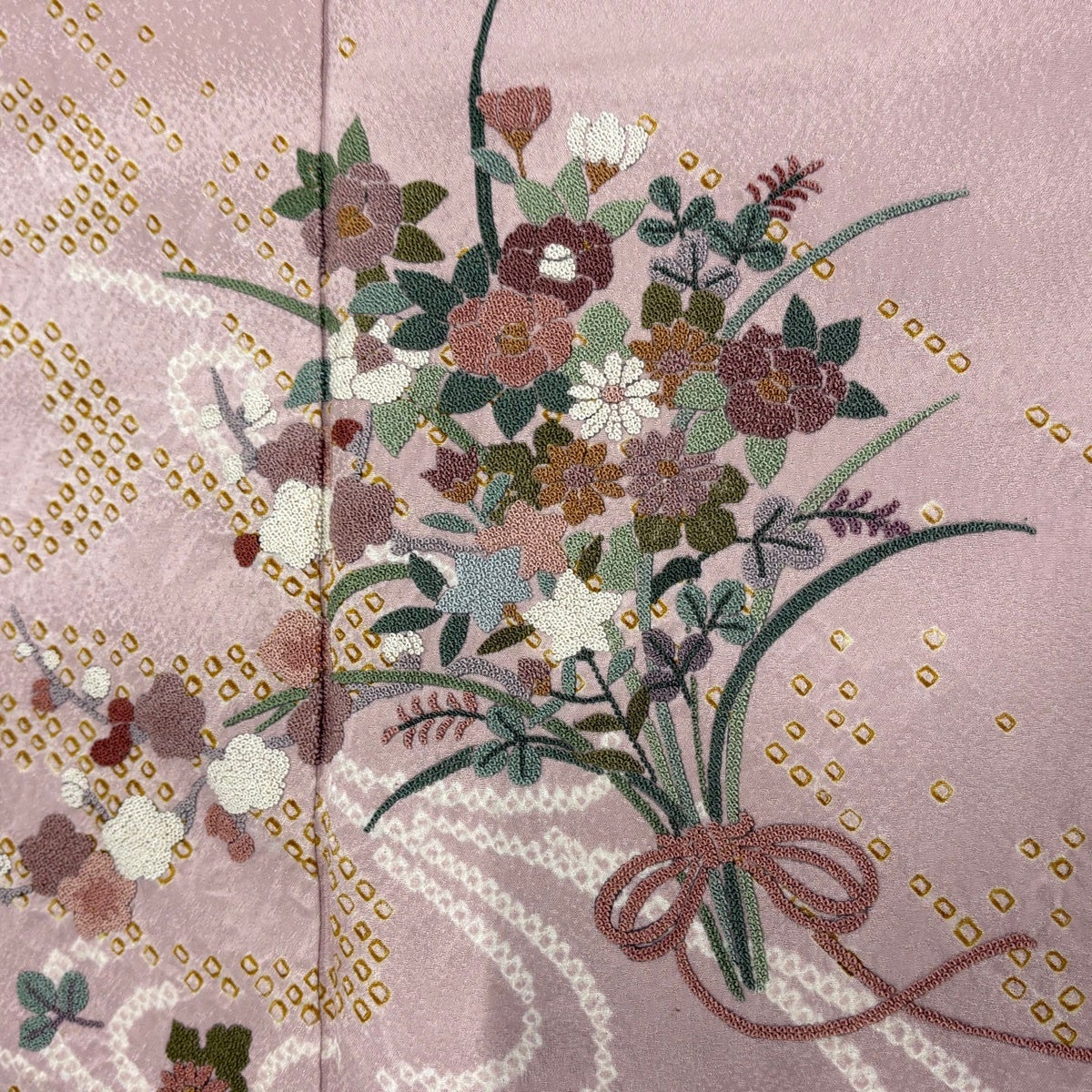 美品】 訪問着 身丈155cm 裄丈63cm S 袷 花束 流水 相良刺繍 絞り