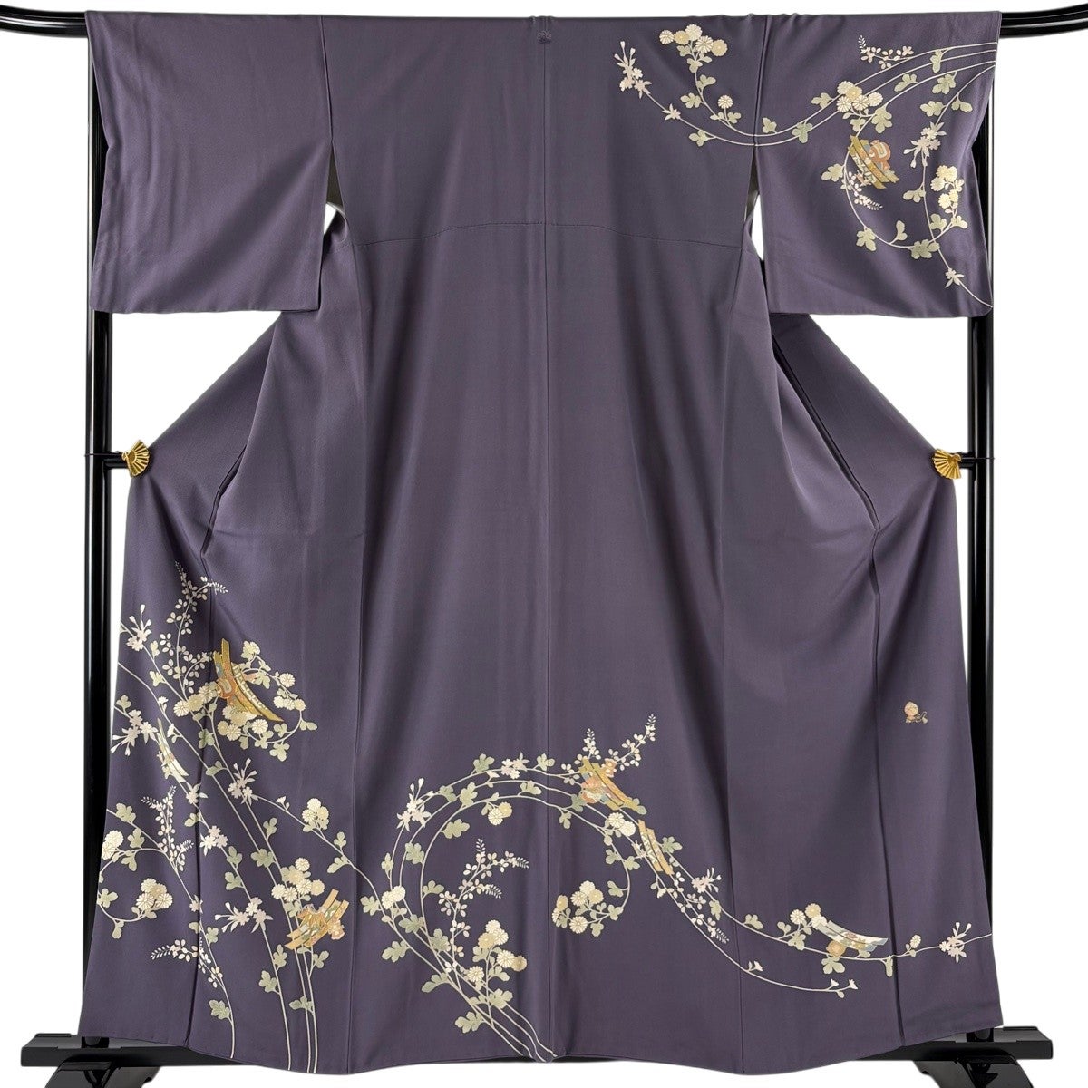 訪問着 身丈158.5cm 裄丈67cm M 袷 菊 小槌 金糸 金彩 紫 正絹 秀品 一
