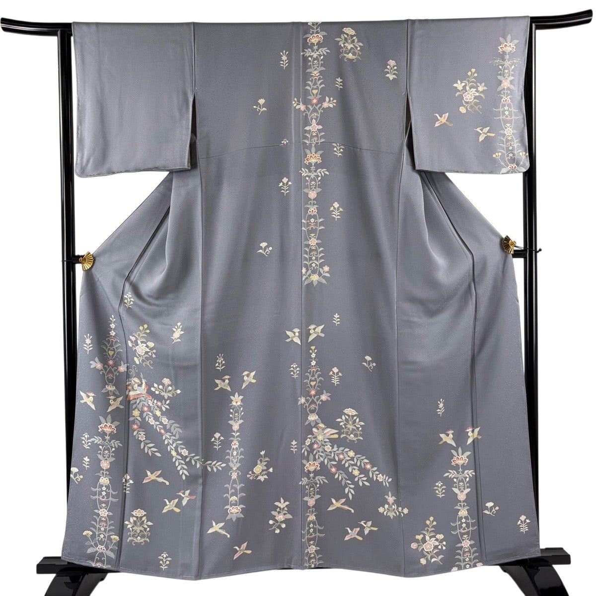訪問着 身丈159cm 裄丈64cm M 袷 花喰い鳥 草花 刺繍 灰色 正絹 秀品