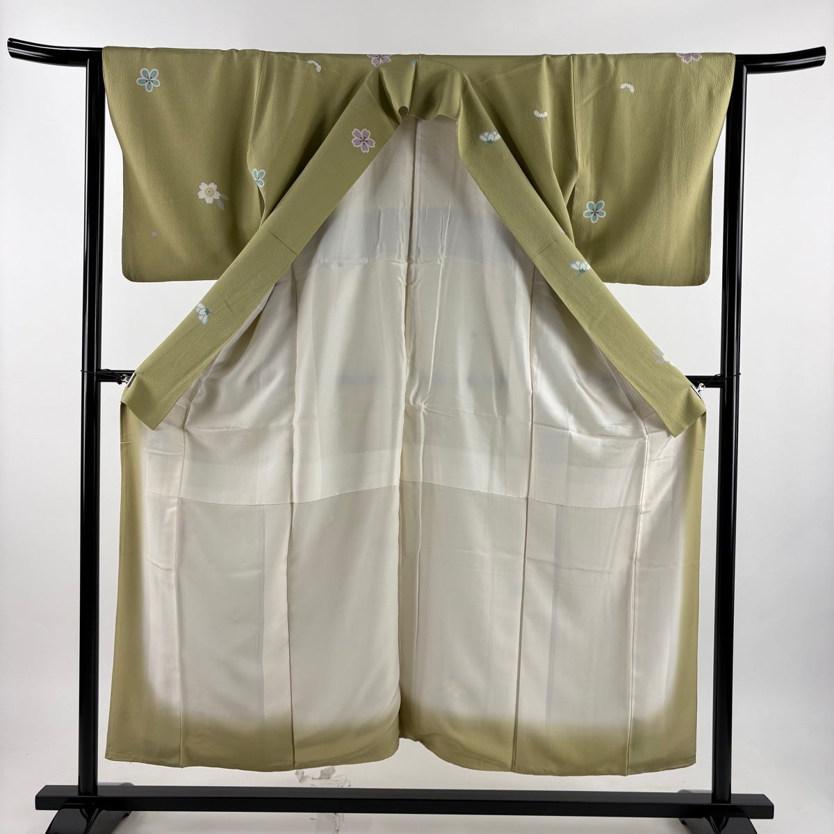 小紋 身丈151.5cm 裄丈63.5cm S 袷 菊 桜 金彩 鶯色 正絹 秀品｜中古