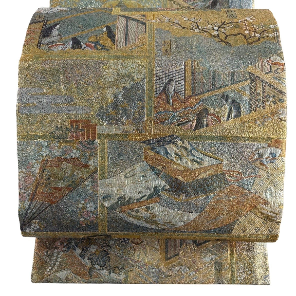 美品】 袋帯 秀品 風景 東海道五十三次 箔 金色 お太鼓柄 正絹｜中古 