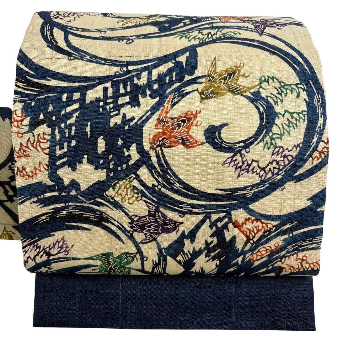 名古屋帯 名品 紬地 鳥 波 ベージュ 正絹｜中古・古着・リサイクル着物