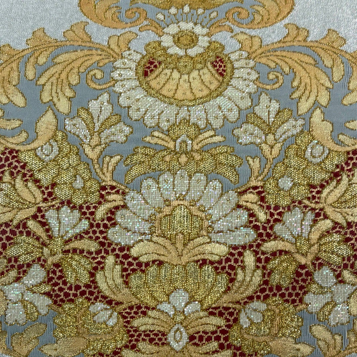 美品】 袋帯 秀品 綴れ 草花 螺鈿箔 金銀糸 銀色 お太鼓柄 正絹｜中古