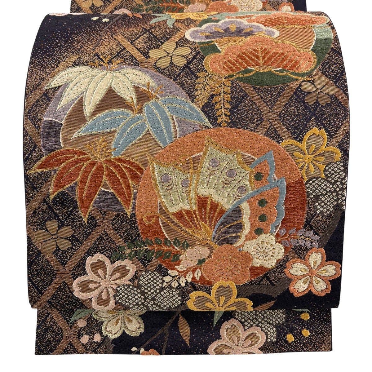 袋帯 秀品 振袖向き 松竹梅 蝶 金糸 唐織 濃紫 六通 正絹｜中古・古着