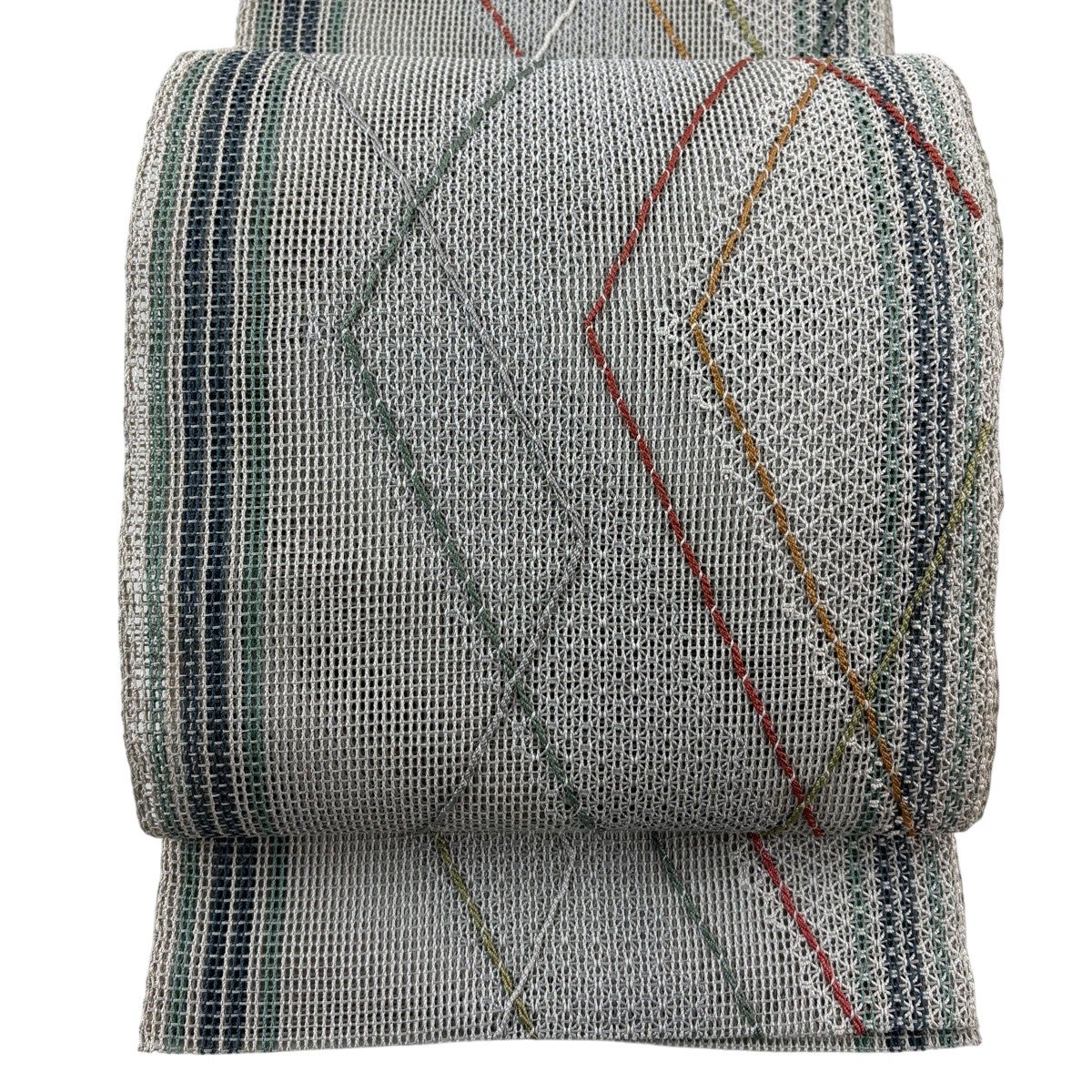 名古屋帯 秀品 夏帯 八寸名古屋帯 幾何学模様 青灰色 正絹｜中古・古着