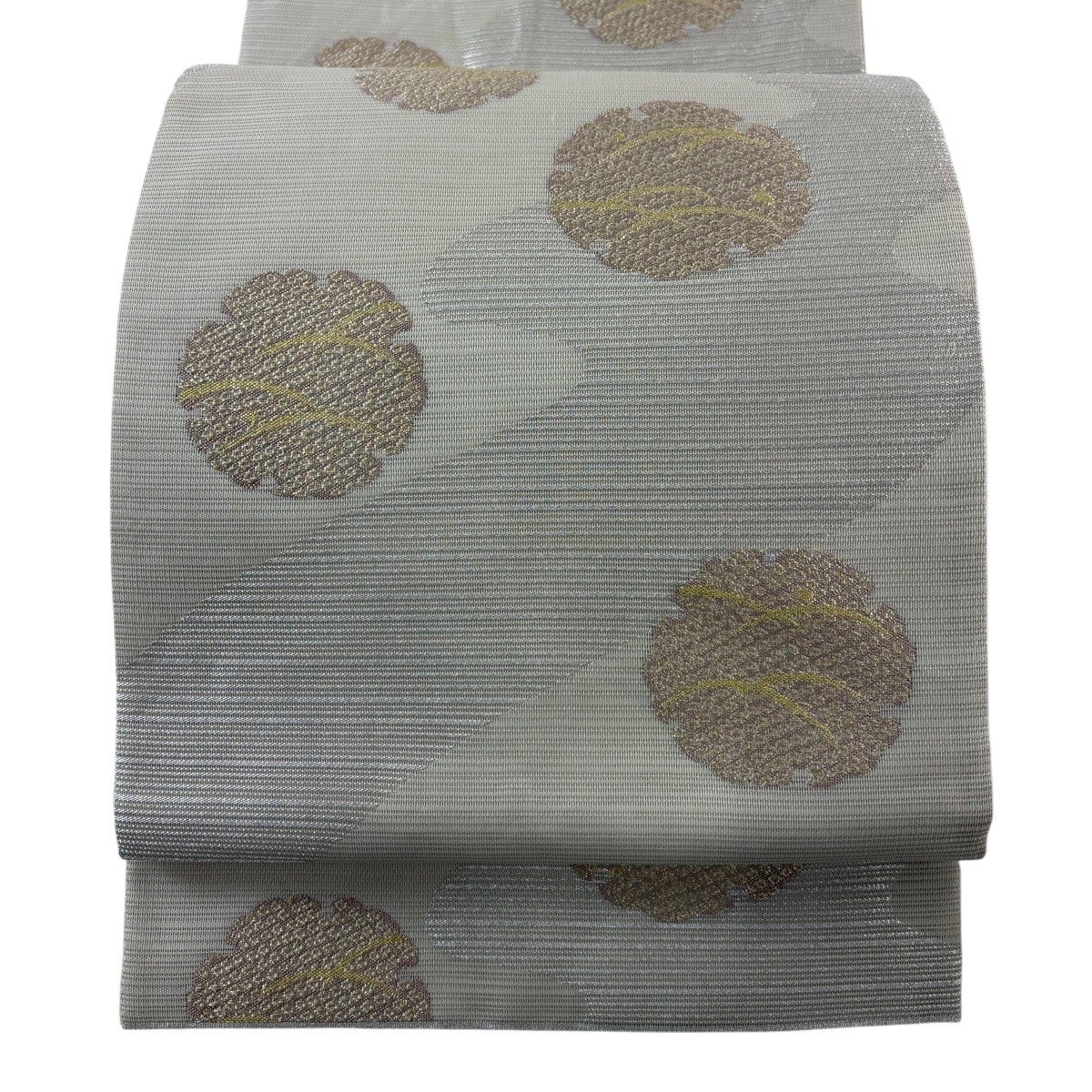 袋帯 秀品 証紙あり 夏帯 絽 雪輪 露芝 金銀糸 灰緑 六通 正絹｜中古