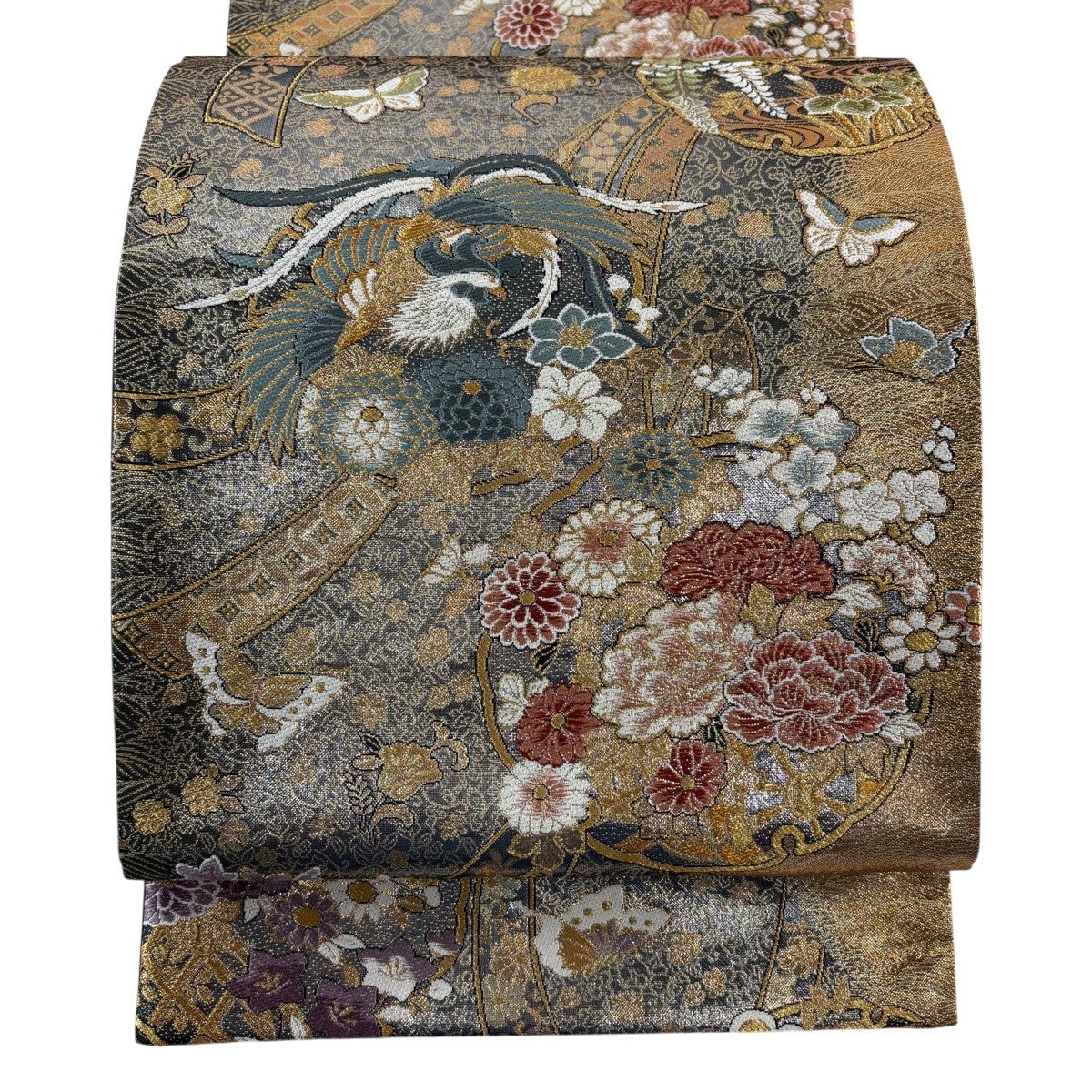 美品】 袋帯 秀品 鳳凰 雪輪 金糸 箔 黒灰 六通 正絹｜中古・古着