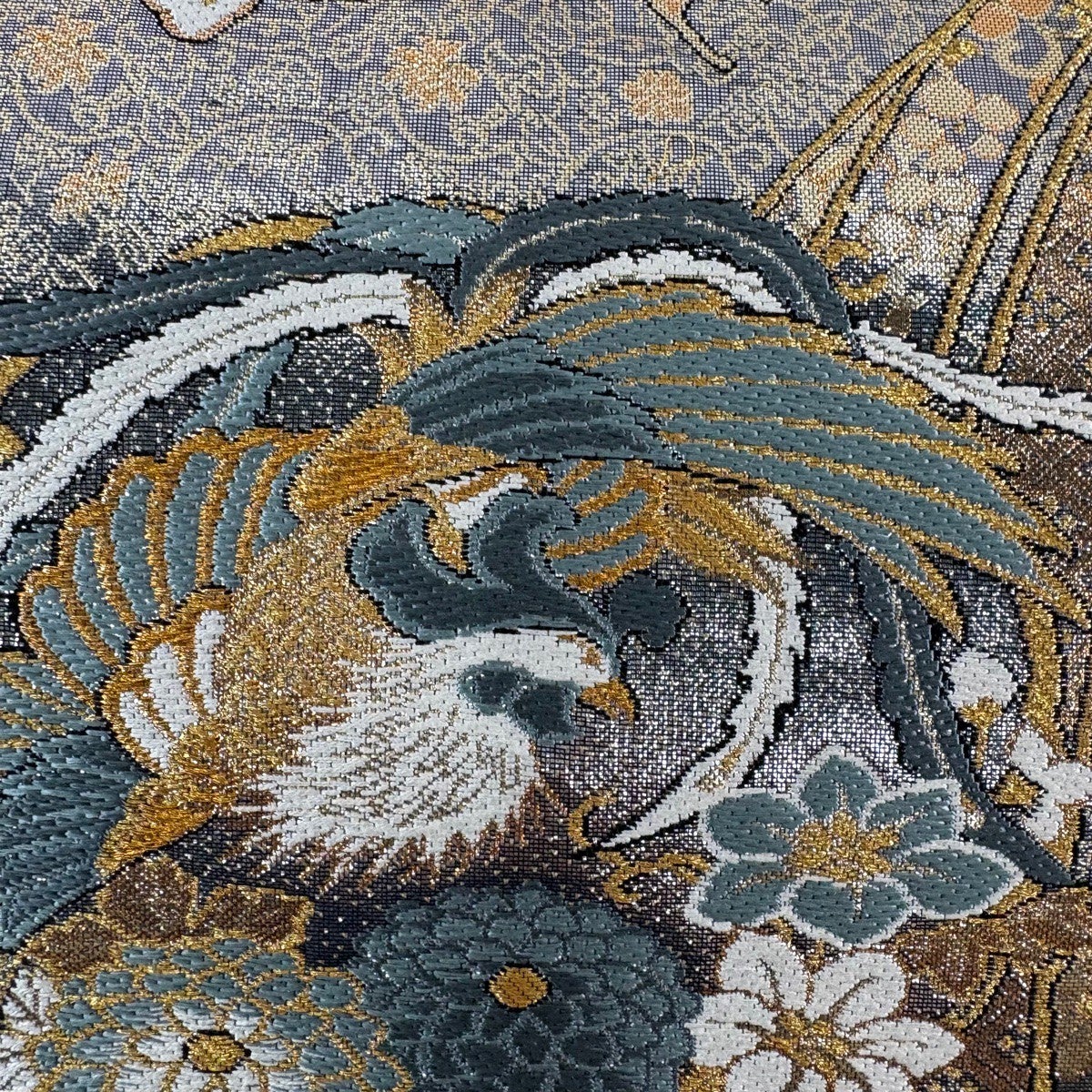 美品】 袋帯 秀品 鳳凰 雪輪 金糸 箔 黒灰 六通 正絹｜中古・古着