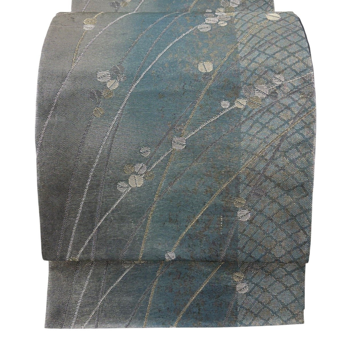 袋帯 秀品 夏帯 葉柄 幾何学 金銀糸 箔 青緑 六通 正絹｜中古・古着