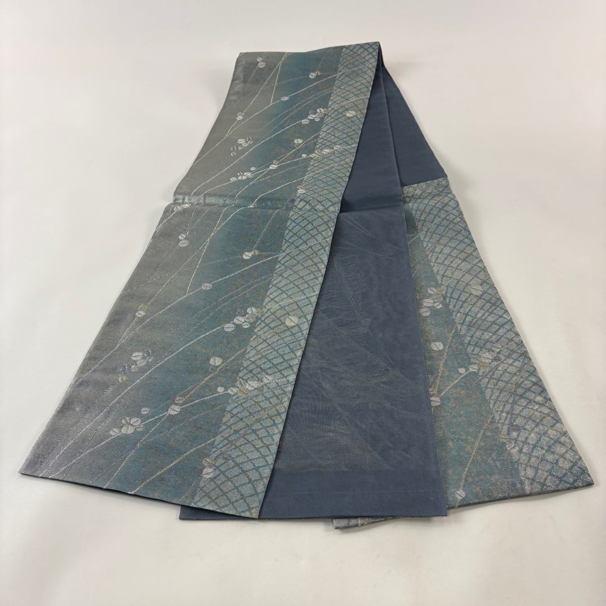 袋帯 秀品 夏帯 葉柄 幾何学 金銀糸 箔 青緑 六通 正絹｜中古・古着