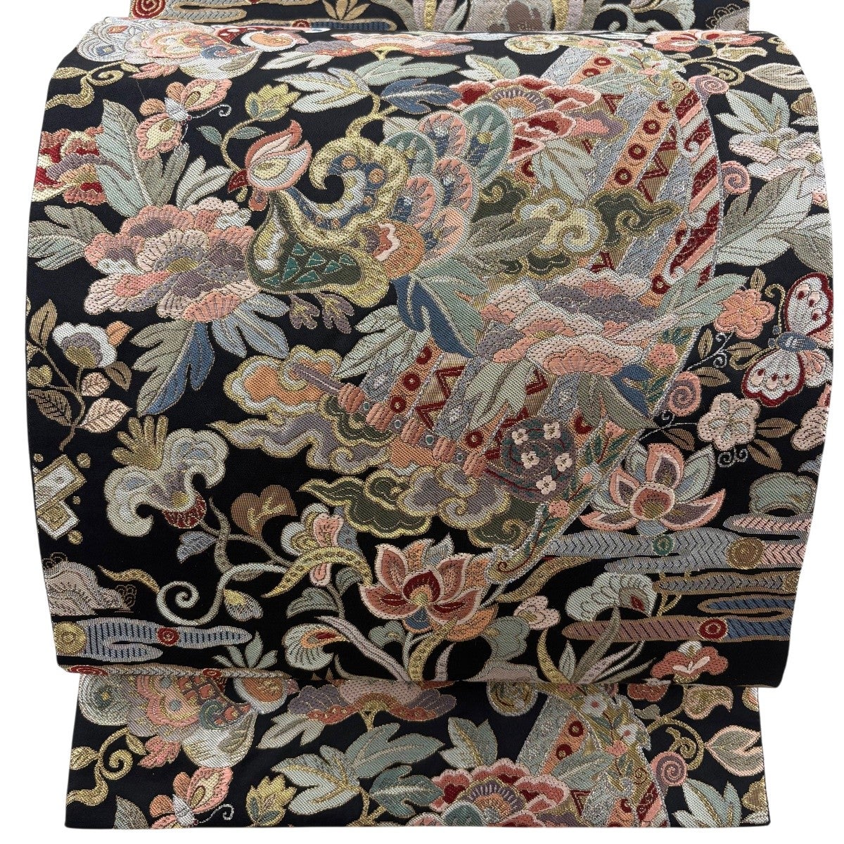 袋帯 秀品 草花 鳳凰 金銀糸 箔 黒 お太鼓柄 正絹｜中古・古着