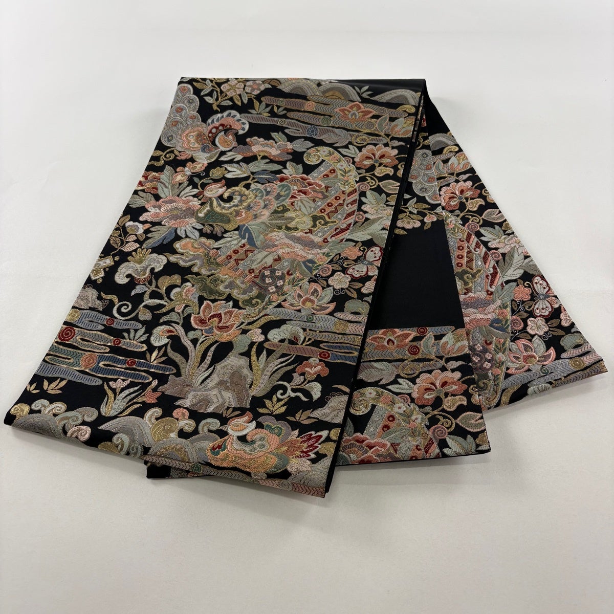 袋帯 秀品 草花 鳳凰 金銀糸 箔 黒 お太鼓柄 正絹｜中古・古着