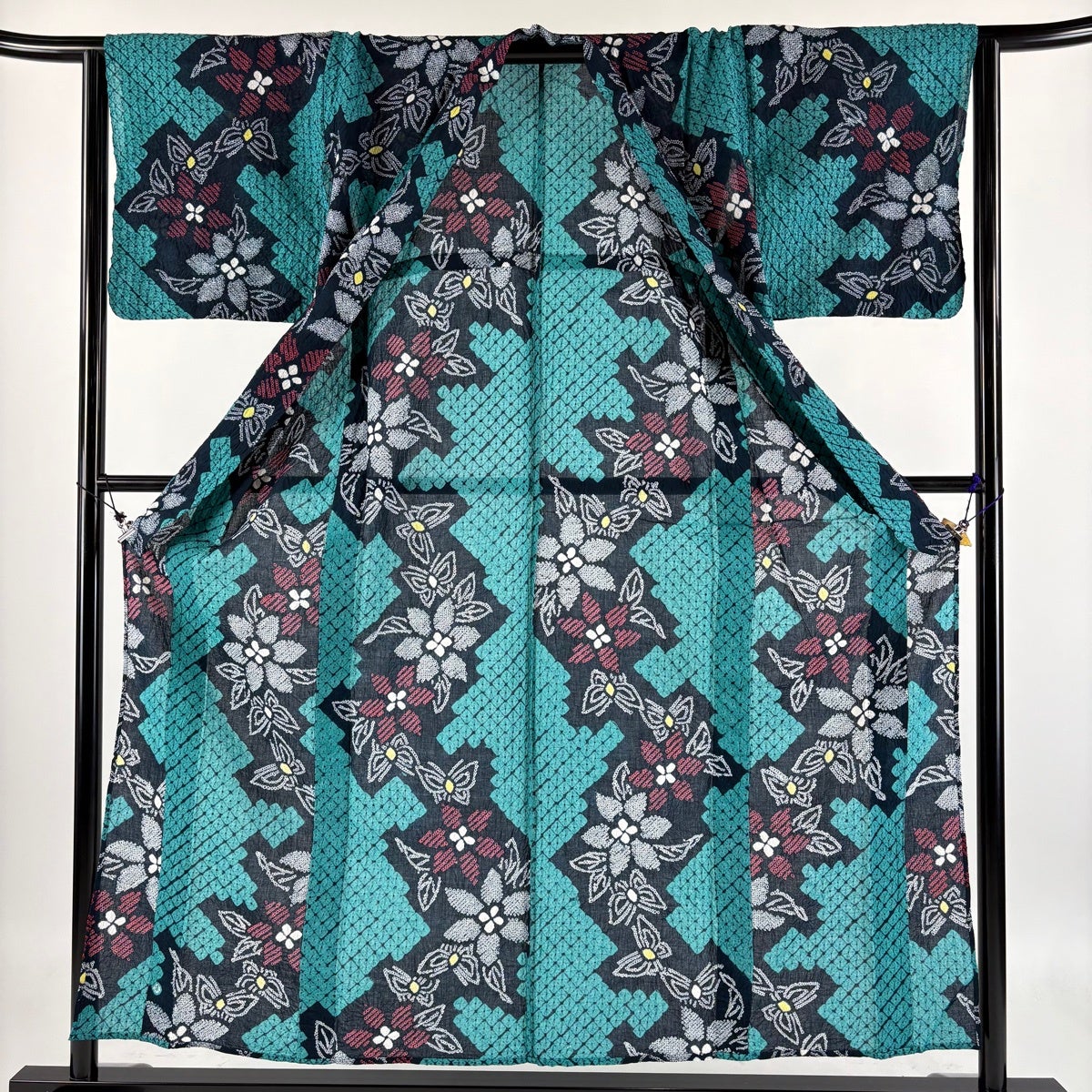 美品】 浴衣 身丈154cm 裄丈63cm S 絞り浴衣 蝶 草花 青緑 綿 名品