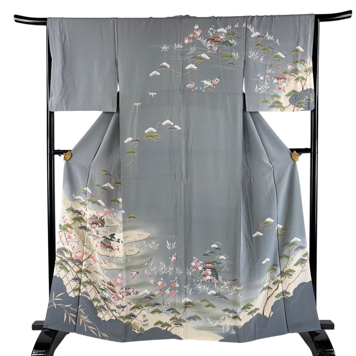 訪問着 身丈164.5cm 裄丈64.5cm M 袷 菊 萩 染め分け ぼかし 灰色 正絹