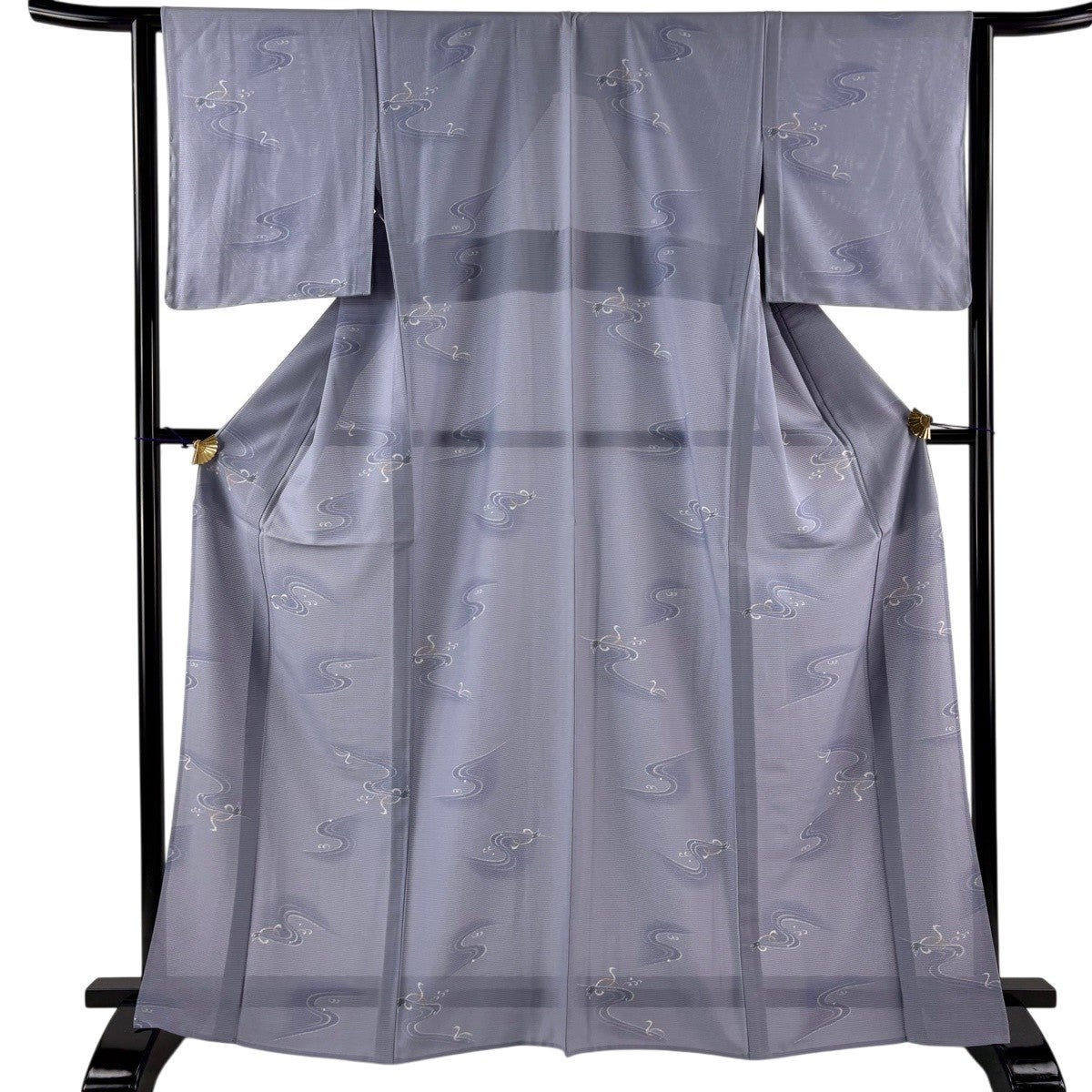 小紋 身丈161cm 裄丈69.5cm L 薄物 葉柄 流水 灰色 正絹 秀品｜中古