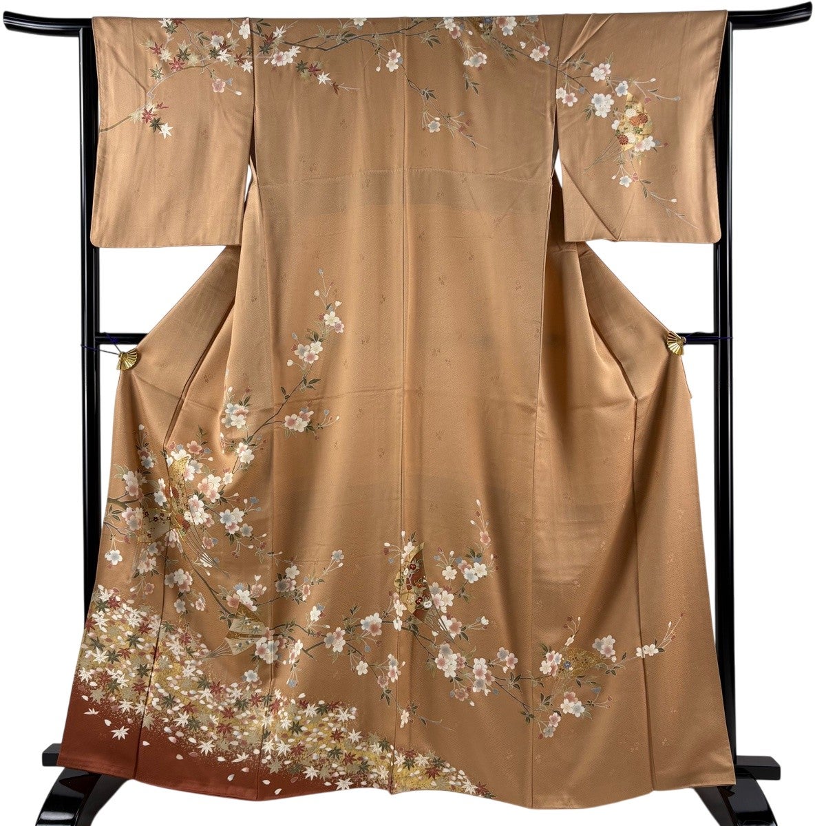 訪問着 身丈167.5cm 裄丈67cm M 袷 扇面 鶴 金彩 染め分け 薄茶色 正絹
