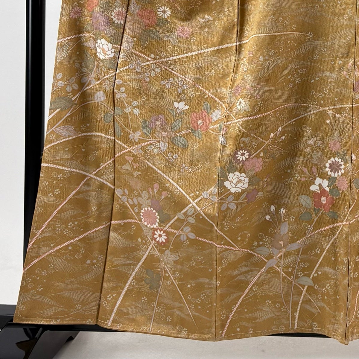 訪問着 身丈160.5cm 裄丈62.5cm S 袷 牡丹 菊 金彩 山吹茶色 正絹 秀品