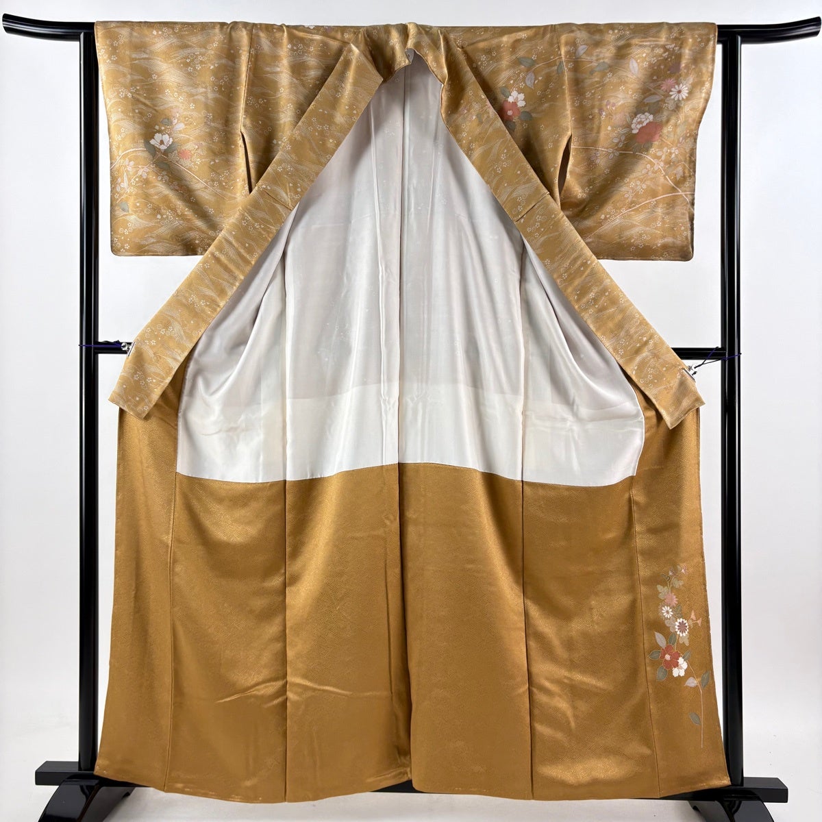 訪問着 身丈160.5cm 裄丈62.5cm S 袷 牡丹 菊 金彩 山吹茶色 正絹 秀品