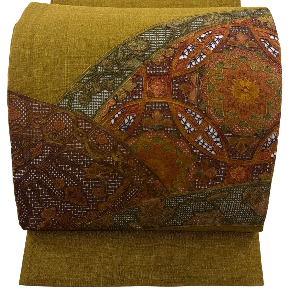 美品】 袋帯 秀品 華文 花唐草 刺繍 鶯色 お太鼓柄 正絹｜中古・古着