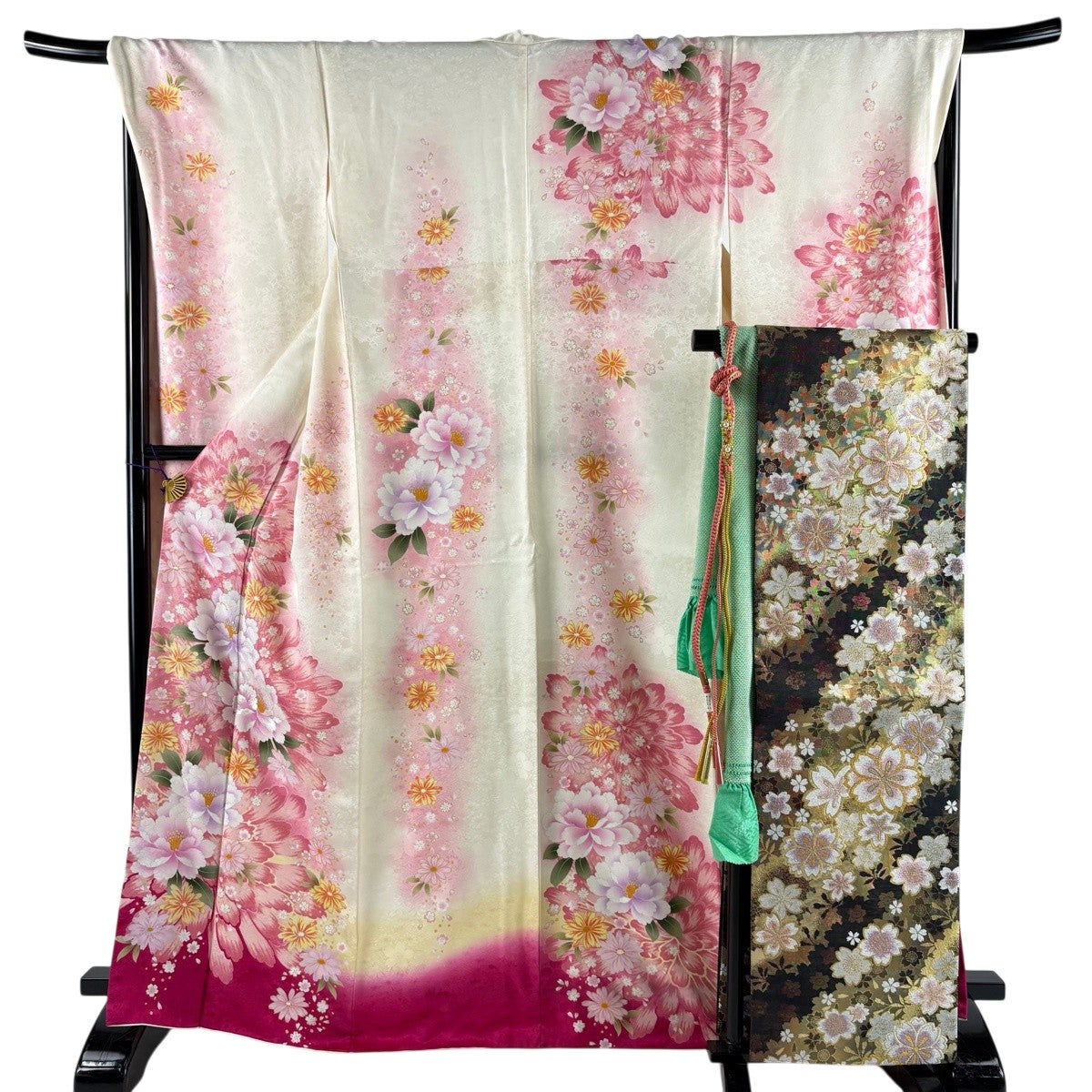 美品】 振袖 身丈166.5cm 裄丈70cm L 袷 袋帯フルセット 牡丹 菊 銀糸