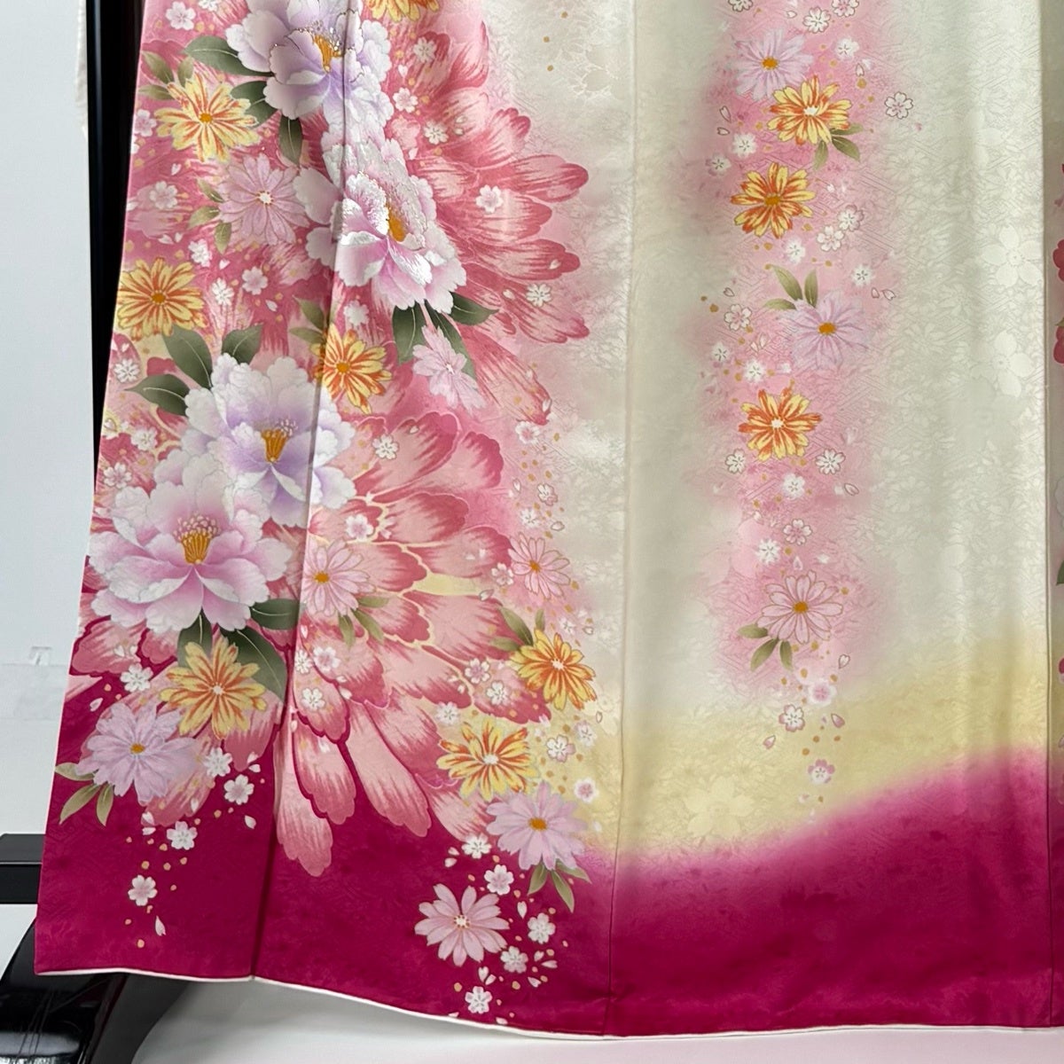 美品】 振袖 身丈166.5cm 裄丈70cm L 袷 袋帯フルセット 牡丹 菊 銀糸
