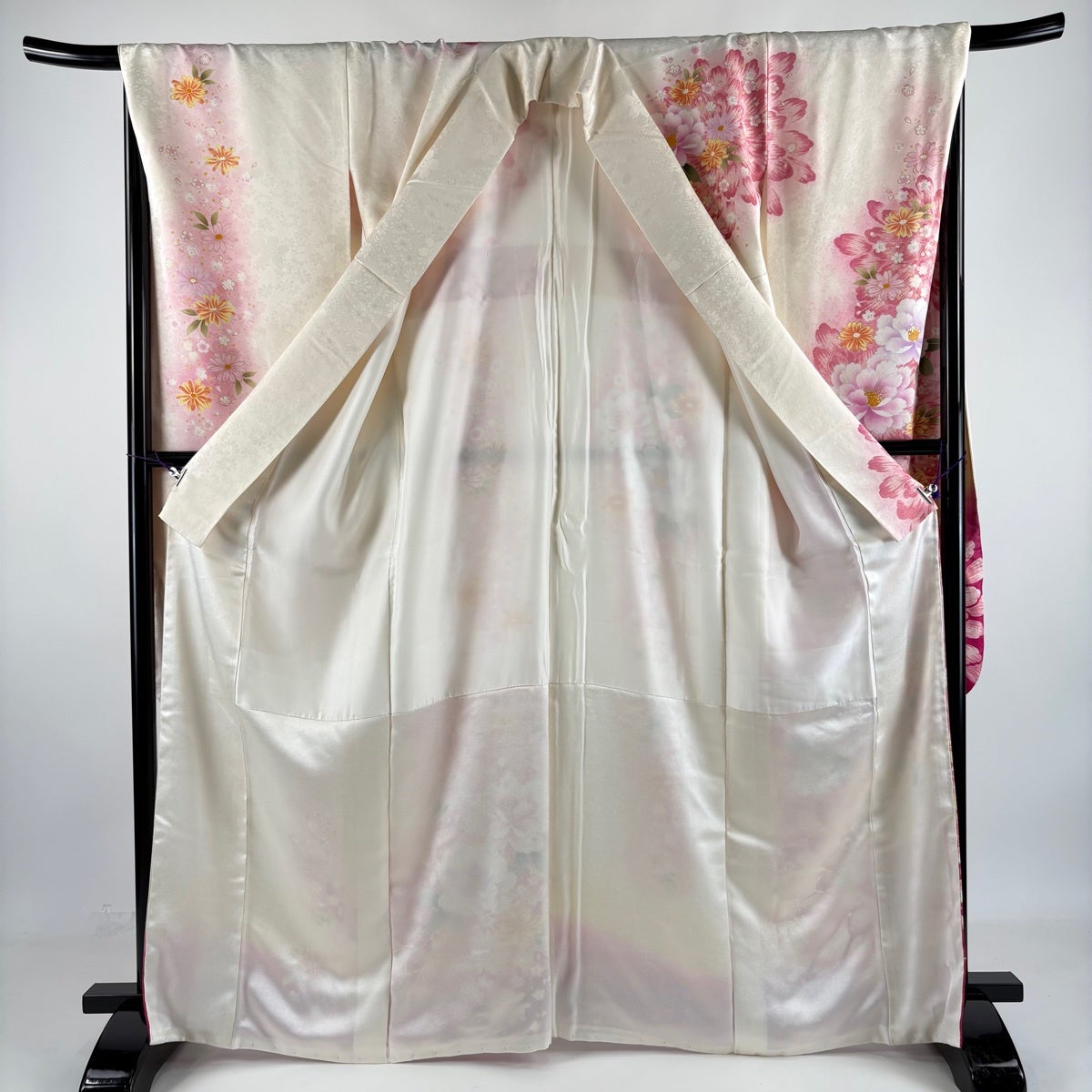 美品】 振袖 身丈166.5cm 裄丈70cm L 袷 袋帯フルセット 牡丹 菊 銀糸