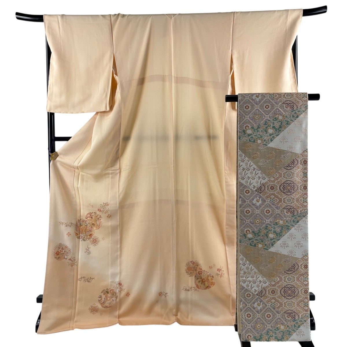 美品】 付下げ 身丈178cm 裄丈69.5cm L 袷 袋帯セット 向かい鳥 草花