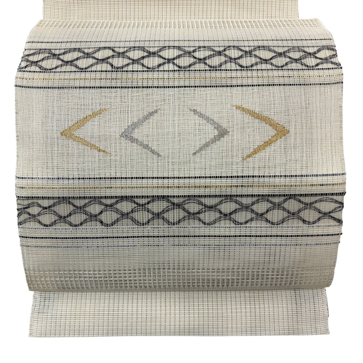 美品】 名古屋帯 逸品 渡文 渡文 八寸名古屋帯 松葉仕立て 幾何学模様