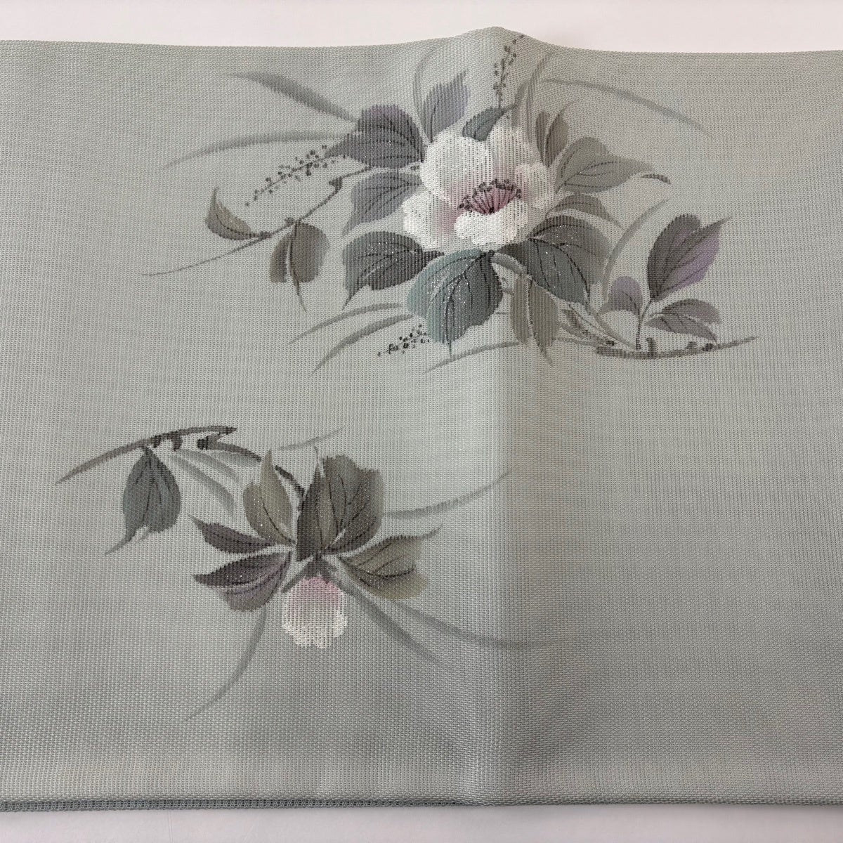袋帯 秀品 落款あり 夏帯 草花 金糸 刺繍 灰緑 お太鼓柄 正絹｜中古